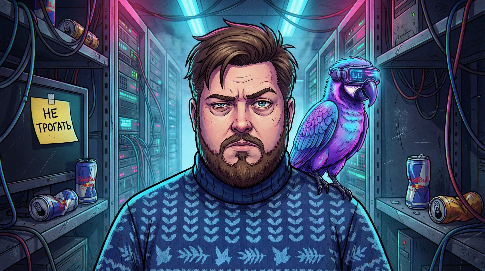 Системный администратор в синем свитере с узором держит на плече большого сине-желтого попугая ара в серверной комнате. На заднем плане серверные стойки с неоновой подсветкой, провода и банки с энергетиками. На мониторе стикер с надписью "НЕ ТРОГАТЬ".
