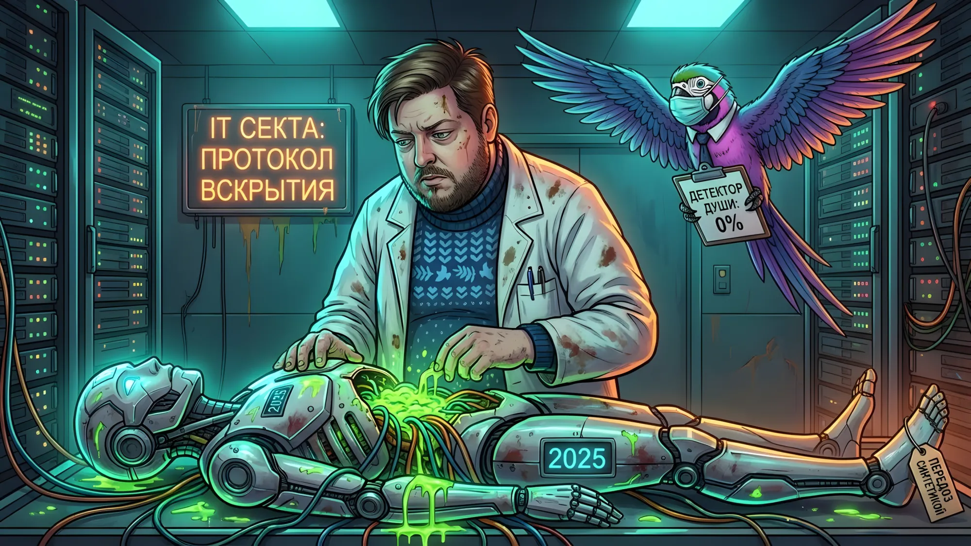 Сисадмин вскрывает робота 2025 в серверной IT Секты. Зеленая слизь, неоновые стойки и попугай с табличкой «Детектор души 0%». Киберпанк-иллюстрация к итогам года.