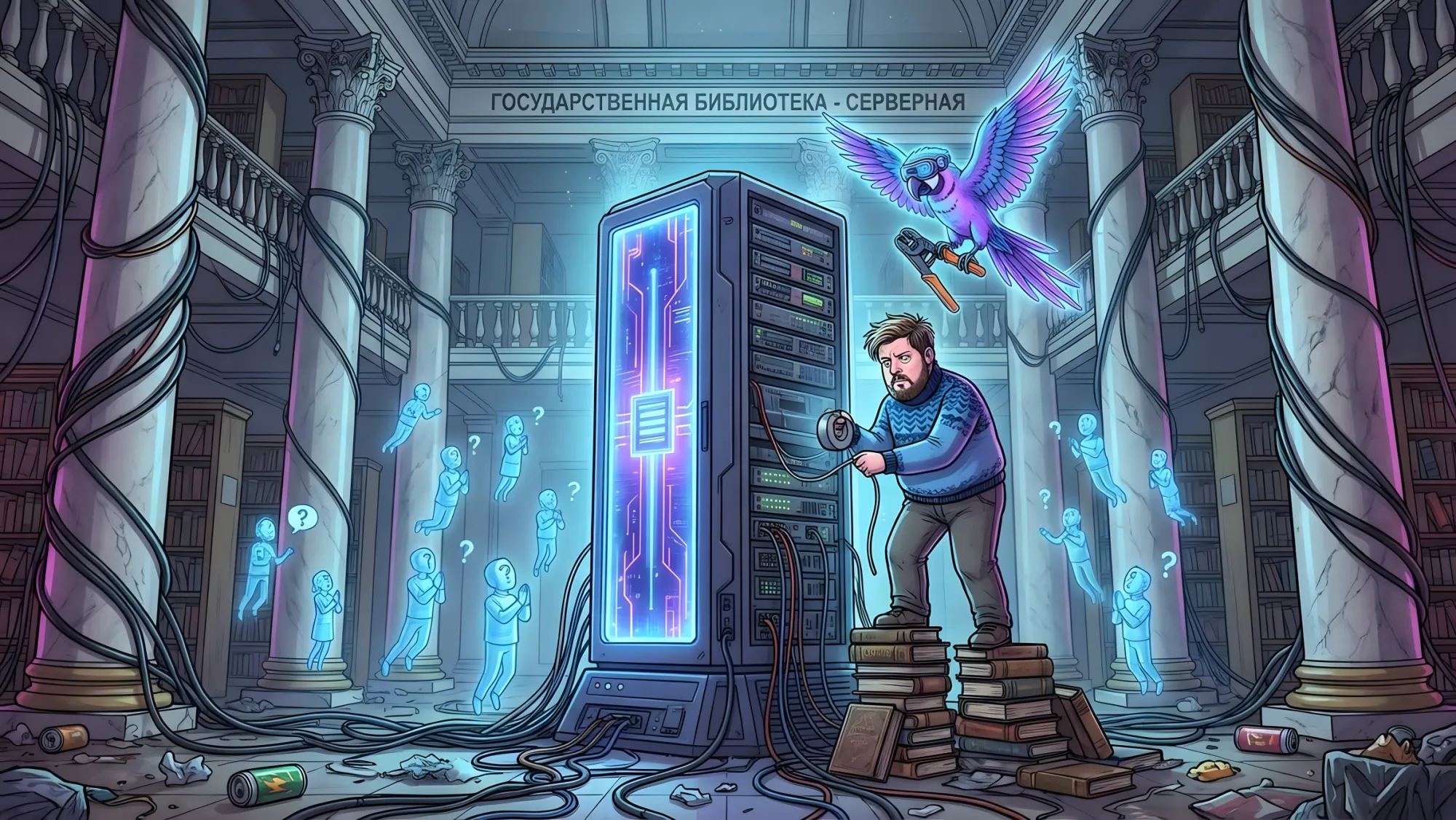 Сисадминцы залентой в руках пытаются заклеить кабель в серверной стойке, расположенный в центре зала с колоннами библиотеки. Над ним летает попугай, держит обжимные клещи.