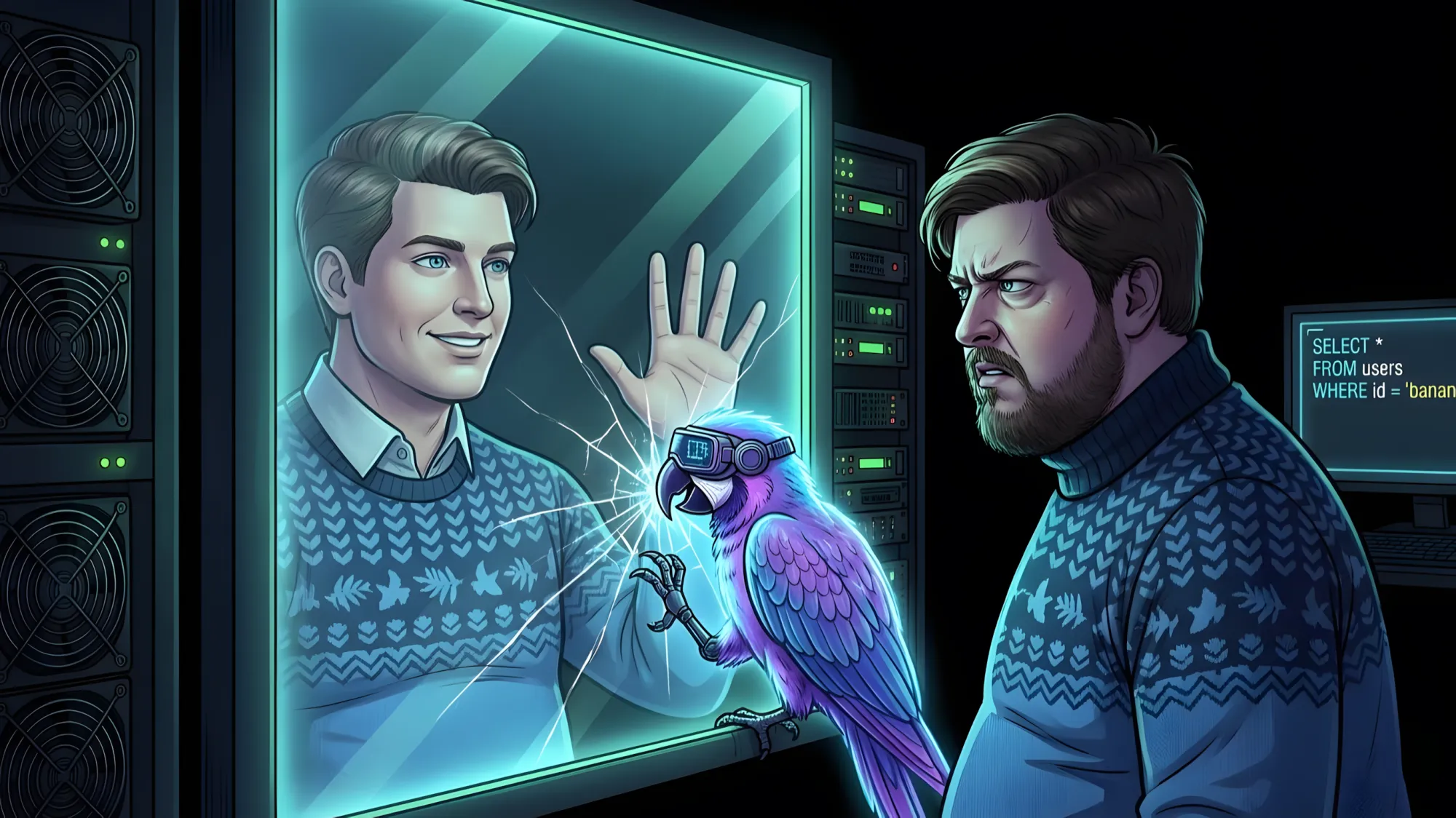 Кибер-попугай разбивает клювом экран, где отражается идеальная пластиковая копия программиста, пока настоящий человек смотрит на это.