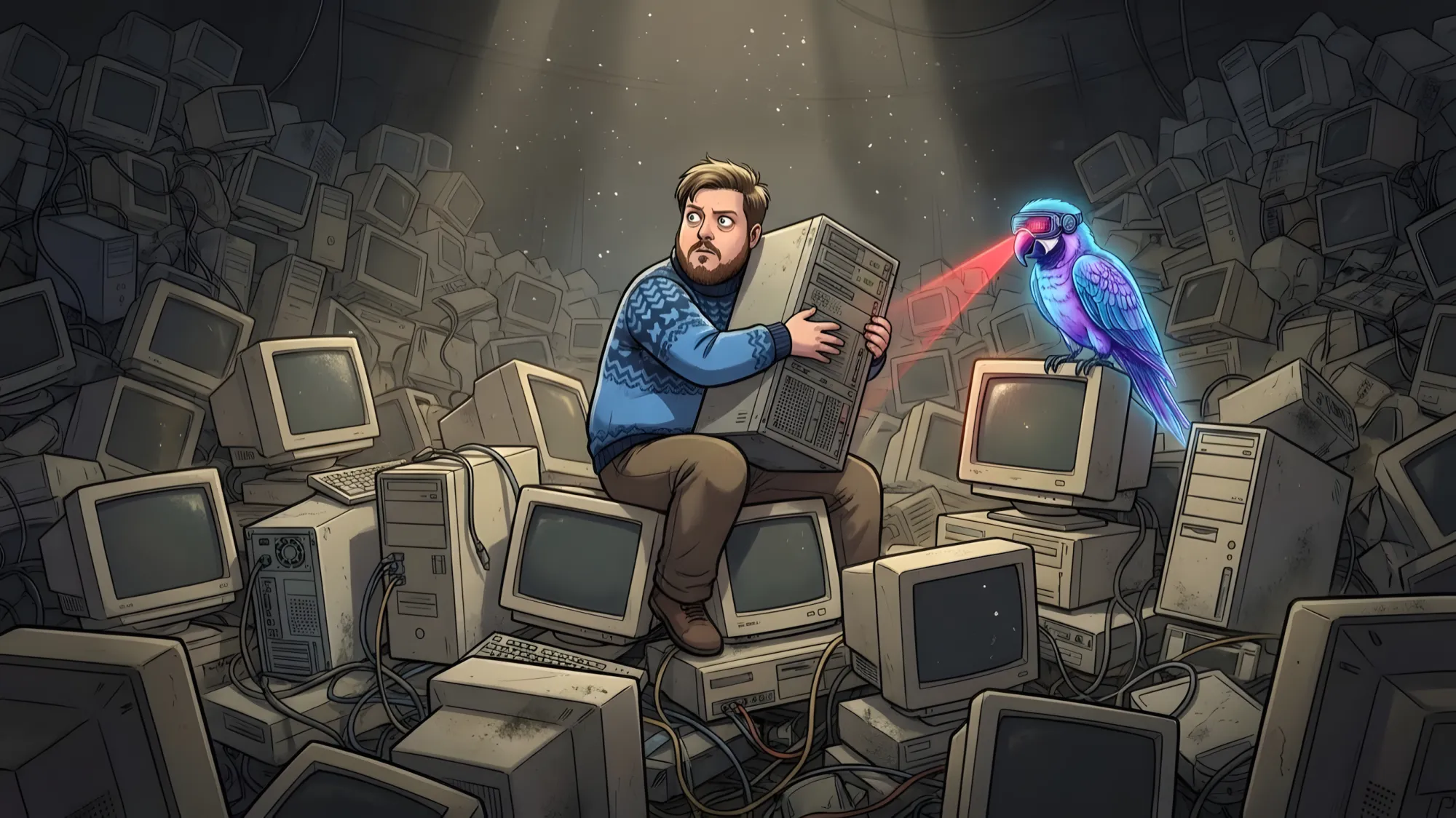 Тимлид с тревогой обнимает старый сервер, сидя на горе компьютерного хлама. Рядом кибер-попугай с лазером. Арт к статье про Legacy.