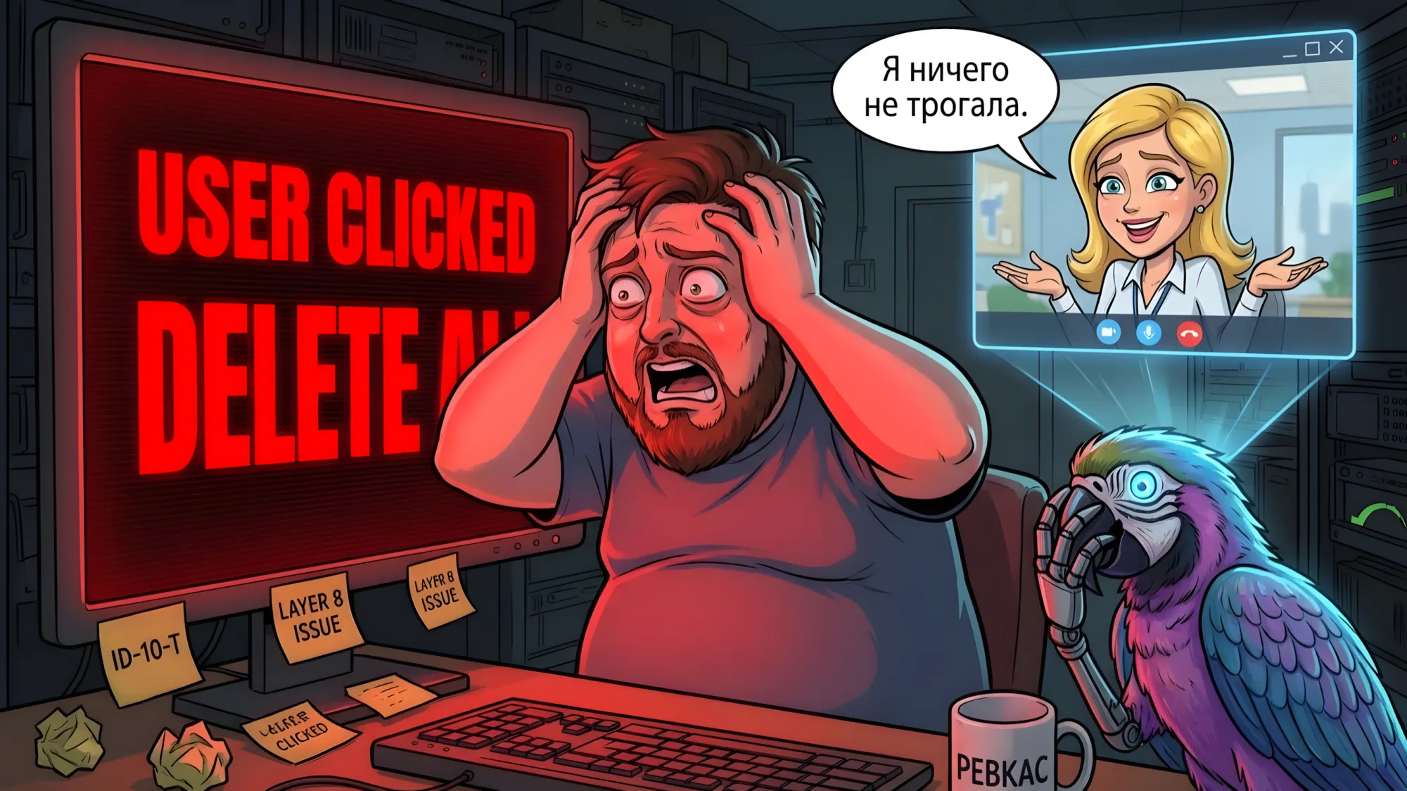Сисадмин в панике смотрит на экран с сообщением "USER CLICKED DELETE ALL", пока пользователь в видеочате невинно говорит "Я ничего не трогала"