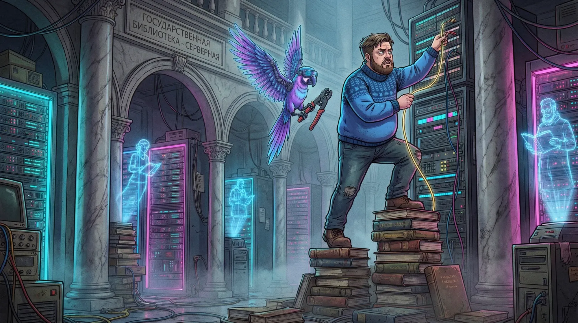 Сисадмин пытается вставить кабель в серверной стойке, расположенный в центре зала с колоннами библиотеки. Над ним летает попугай, держит обжимные клещи. 