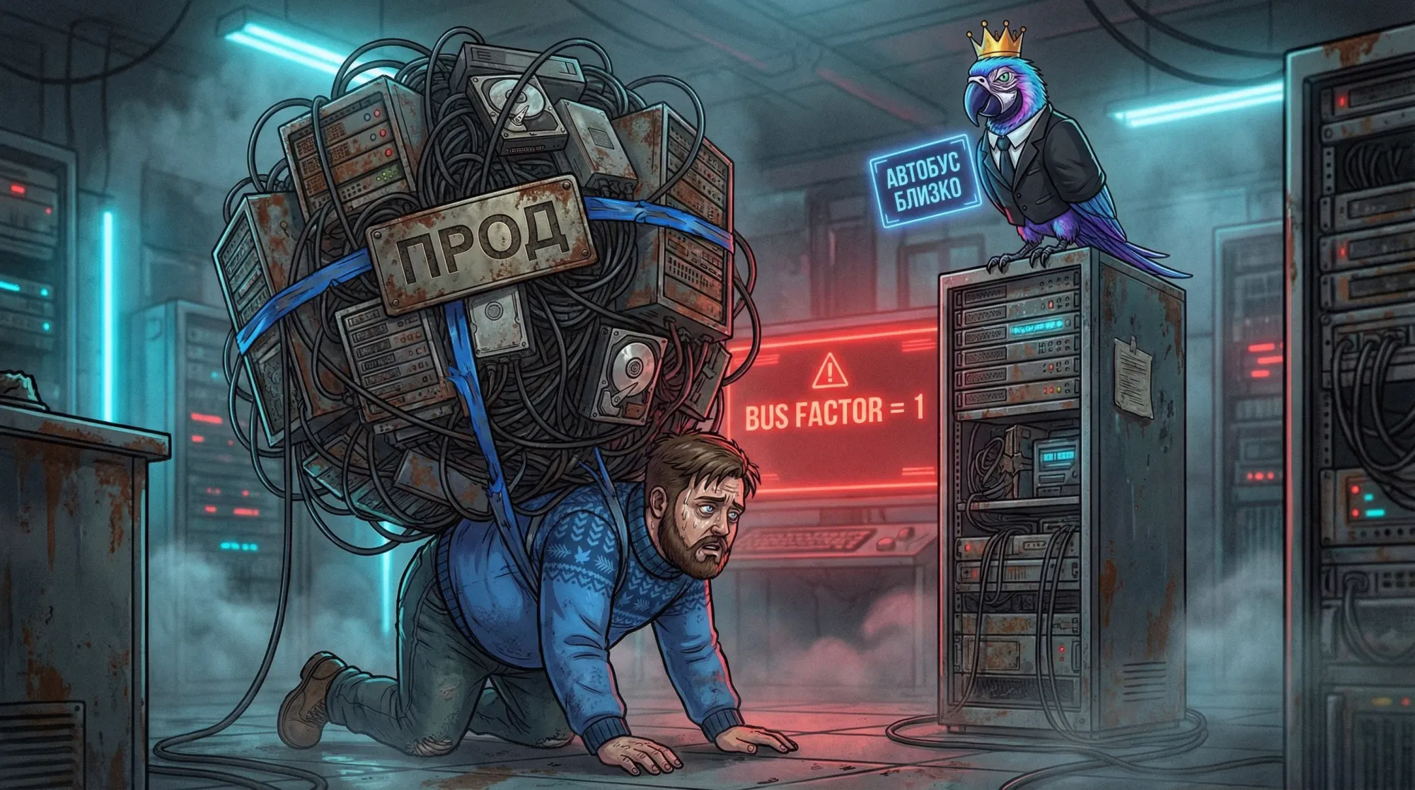 Сисадмин-Атлант держит на плечах огромный шар из серверов с надписью «ПРОД». Рядом кибер-попугай в короне и пиджаке. На экране сзади ошибка «BUS FACTOR = 1». Темный комикс.