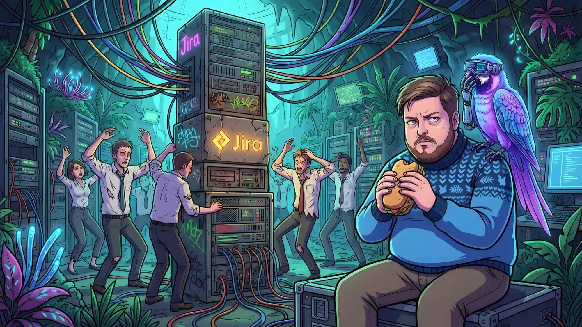 Иллюстрация к статье о карго-культе в IT: разработчик скептически ест сэндвич, наблюдая, как зомбированные сотрудники офиса религиозно поклоняются светящейся серверной стойке с логотипом Jira