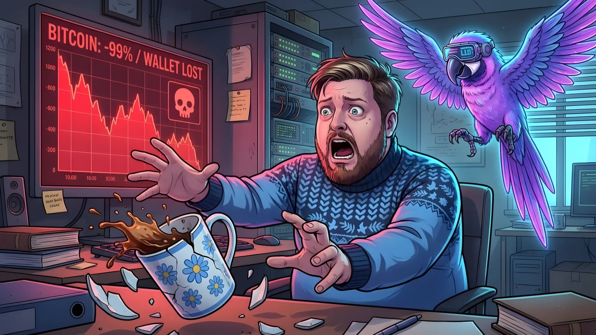 Иллюстрация к статье: мужчина в ужасе смотрит на разбивающуюся любимую кружку с ромашками, игнорируя монитор с графиком падения биткоина на 99%. Рядом кибер-попугай. 