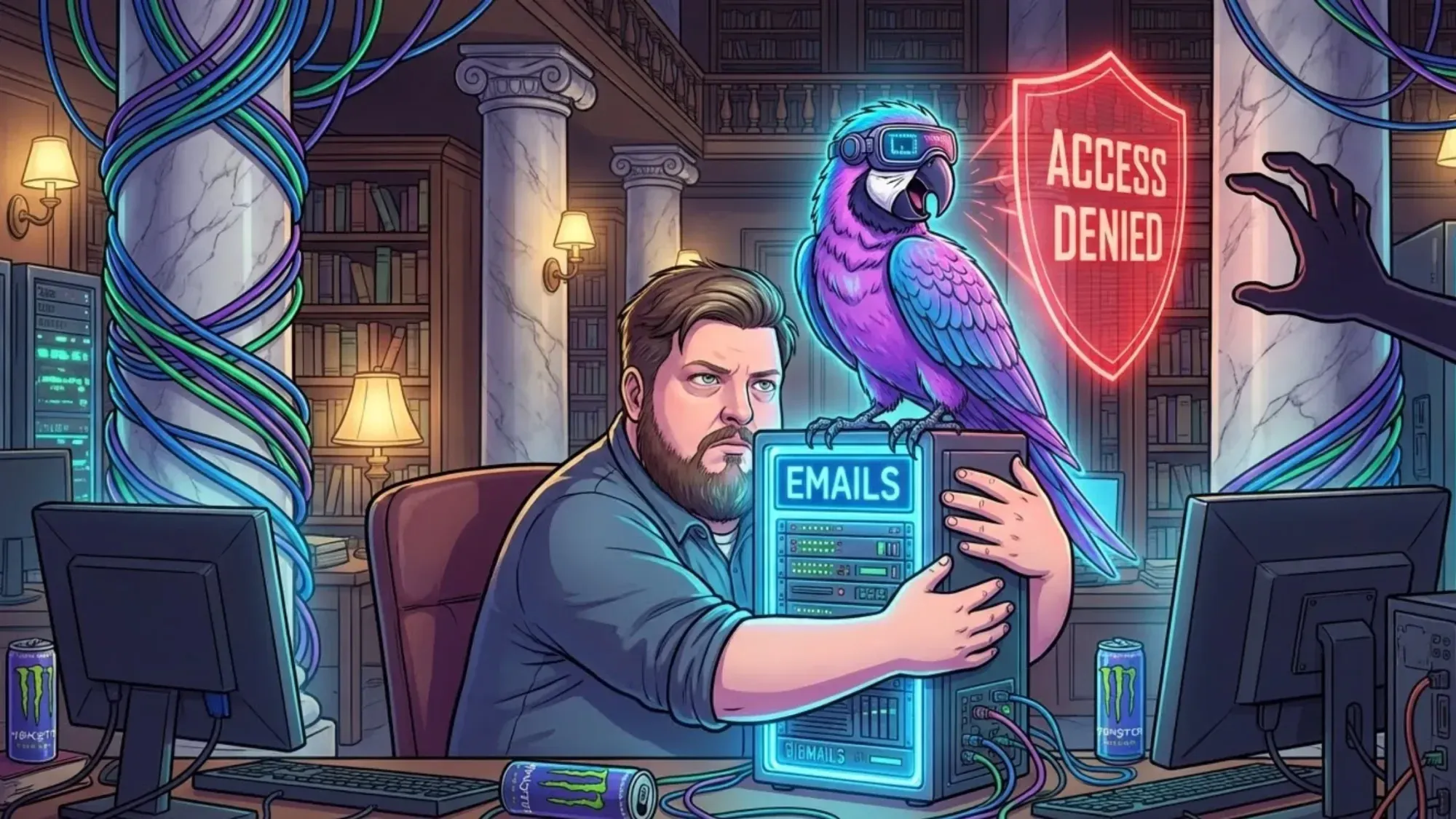 Сисадмин Кос защищает сервер с надписью EMAILS, обнимая его руками. Кибер-попугай Тоха в VR-очках кричит ACCESS DENIED и блокирует попытку кражи данных третьей стороной.