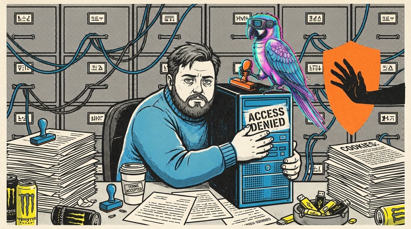 Мужчина обнимает сервер на котором наклеена бумажка с надписью «Access Denied» сверху сидит попугай в VR очках. Справа тянется чёрная рука упирается в оранжевый щит.