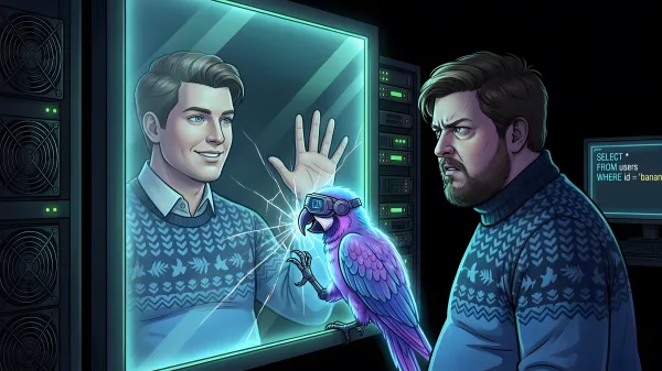 Кибер-попугай разбивает клювом экран, где отражается идеальная пластиковая копия программиста, пока настоящий человек смотрит на это.