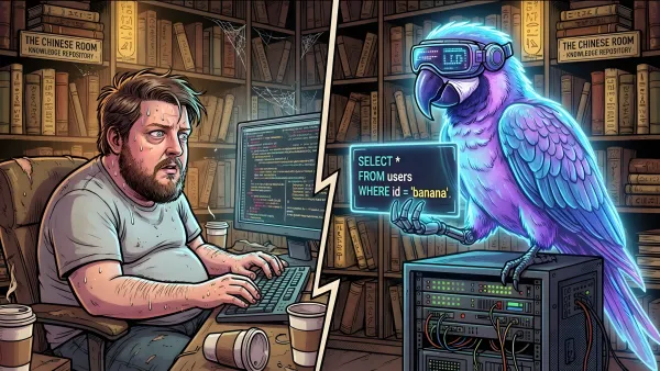 Иллюстрация "Китайской комнаты" в современном IT: слева — измученный программист пишет код; справа — кибер-попугай в VR-очках держит табличку с SQL-запросом, находясь в библиотеке.