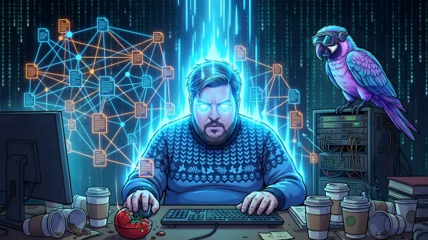 Сисадмин в состоянии глубокого гиперфокуса смотрит на светящийся граф связей. На столе гора кофейных стаканчиков и вдребезги разбитый таймер-помидор. Рядом кибер-попугай в VR-очках.