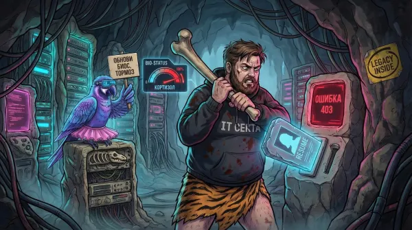 Пещерный сисадмин костью забивает женское резюме в каменный терминал с ошибкой 403. Рядом попугай в розовой пачке держит табличку "Обнови БИОС".