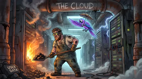 Грязный кочегар в очках-гогглах кидает уголь в топку внутри серверной стойки. Над ним ржавая труба с надписью THE CLOUD. Атмосфера киберпанк-антиутопии. 