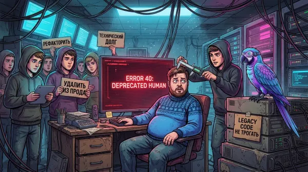 Сисадмин за компьютером с ошибкой ERROR 40: DEPRECATED HUMAN. Вокруг толпа молодых разработчиков с табличками Рефакторить, Удалить из прода. Кибер-попугай у таблички LEGACY CODE НЕ ТРОГАТЬ.