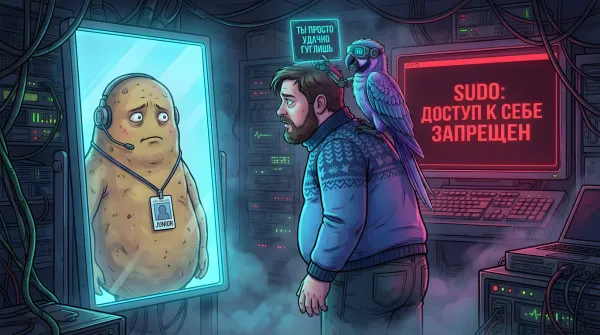 Уставший сисадмин видит в зеркале отражение картошки в наушниках с бейджем JUNIOR. Попугай-киборг держит голограмму «ТЫ ПРОСТО УДАЧНО ГУГЛИШЬ». На мониторе ошибка SUDO. Стиль темный комикс.