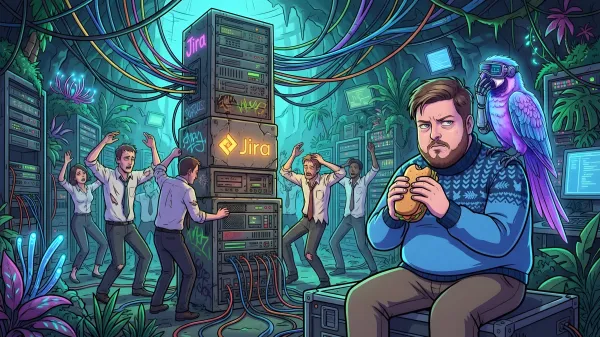 Иллюстрация к статье о карго-культе в IT: разработчик скептически ест сэндвич, наблюдая, как зомбированные сотрудники офиса религиозно поклоняются светящейся серверной стойке с логотипом Jira