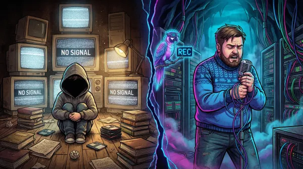 Слева: ребенок в капюшоне сидит на полу среди книг и экранов NO SIGNAL. Справа: взрослый мужчина в серверной поет в микрофон. Между ними разлом реальности и попугай-киборг с табличкой REC.
