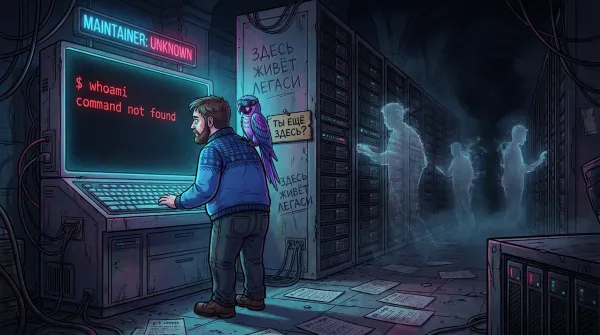 Сисадмин перед терминалом в тёмном серверном зале. На экране: «$ whoami — command not found». На плече кибер-попугай. Неон «MAINTAINER: UNKNOWN». В глубине — призраки разработчиков в тумане.
