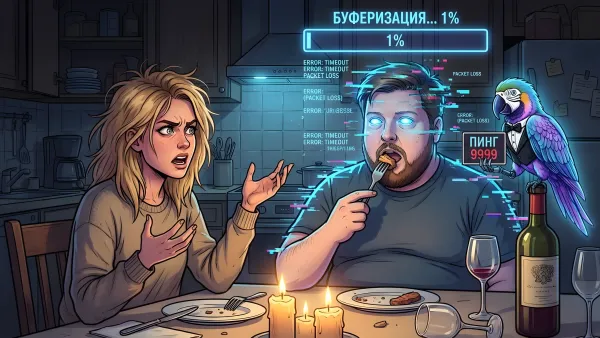Романтический ужин при свечах. Мужчина  с пустым взглядом, вокруг головы — ошибки  TIMEOUT, PACKET LOSS и прогресс-бар  «Буферизация 1%». Рядом попугай  в смокинге с табличкой «ПИНГ 9999».
